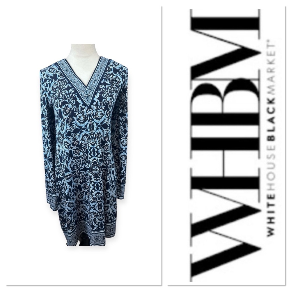 White House Black Market blue print dress with embroidery on v neck size med